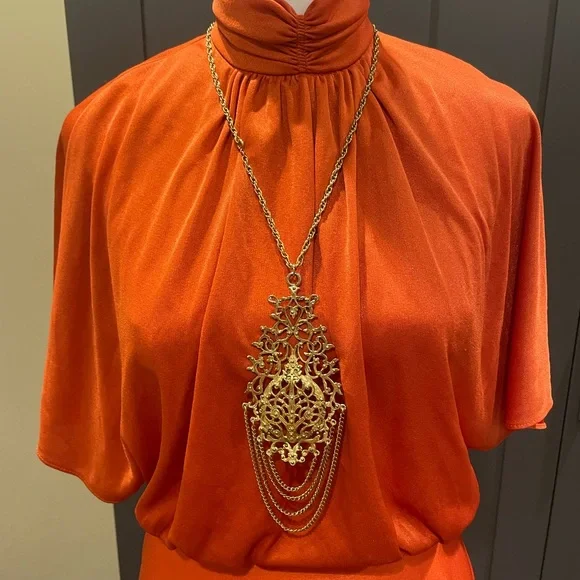 Vintage 1970’s Beautiful High Neck Orange Gown With Attached Overlay - Picture 3 of 12